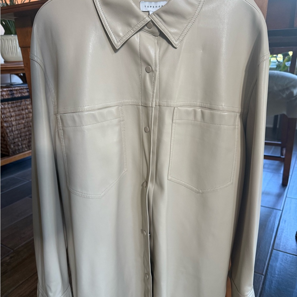 Topshop Cream Faux Leather Jacket with side pockets and chest pockets